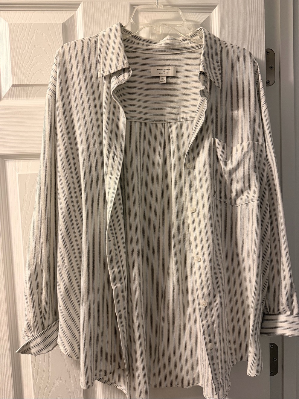 Banana Republic White Button-Down Shirt with Black Vertical Stripes